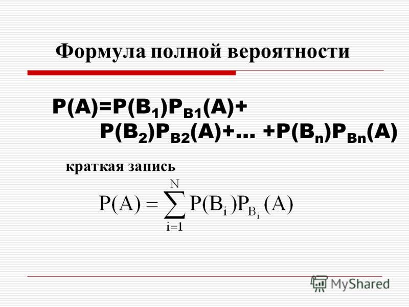 Формула полной вероятности P(A)=P(B 1 )P B1 (A)+ P(B 2 )P B2 (A)+… +P(B n )P Bn (A) P(B 2 )P B2 (A)+… +P(B n )P Bn (A) краткая запись