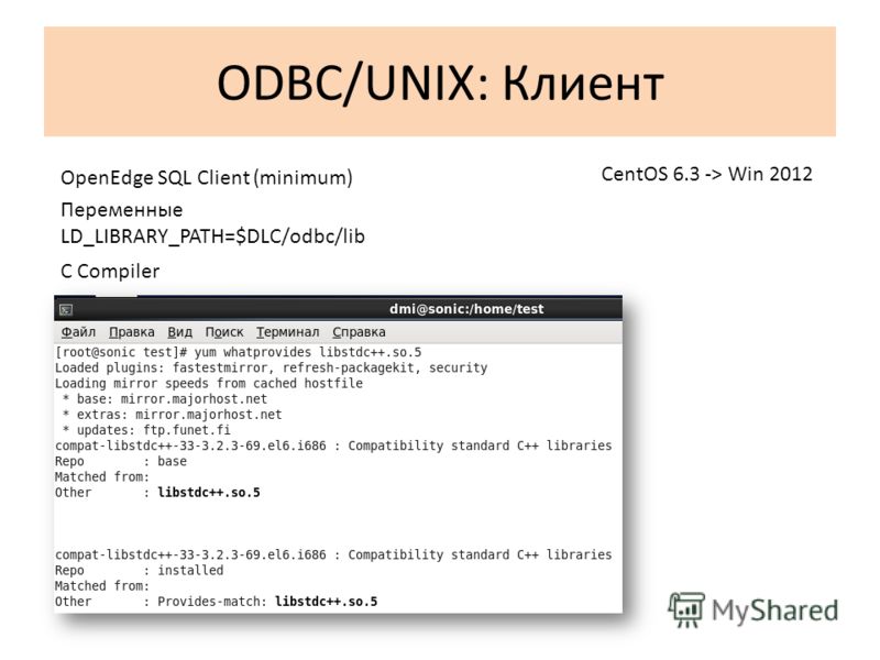 ODBC/UNIX: Клиент Переменные LD_LIBRARY_PATH=$DLC/odbc/lib C Compiler OpenEdge SQL Client (minimum) CentOS 6.3 -> Win 2012
