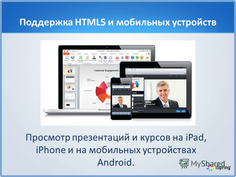 Поддержка HTML5 и мобильных устройств Просмотр презентаций и курсов на iPad, iPhone и на мобильных устройствах Android.