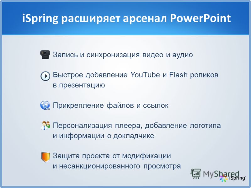 iSpring расширяет арсенал PowerPoint Запись и синхронизация видео и аудио Быстрое добавление YouTube и Flash роликов в презентацию Прикрепление файлов и ссылок Персонализация плеера, добавление логотипа и информации о докладчике Защита проекта от мод