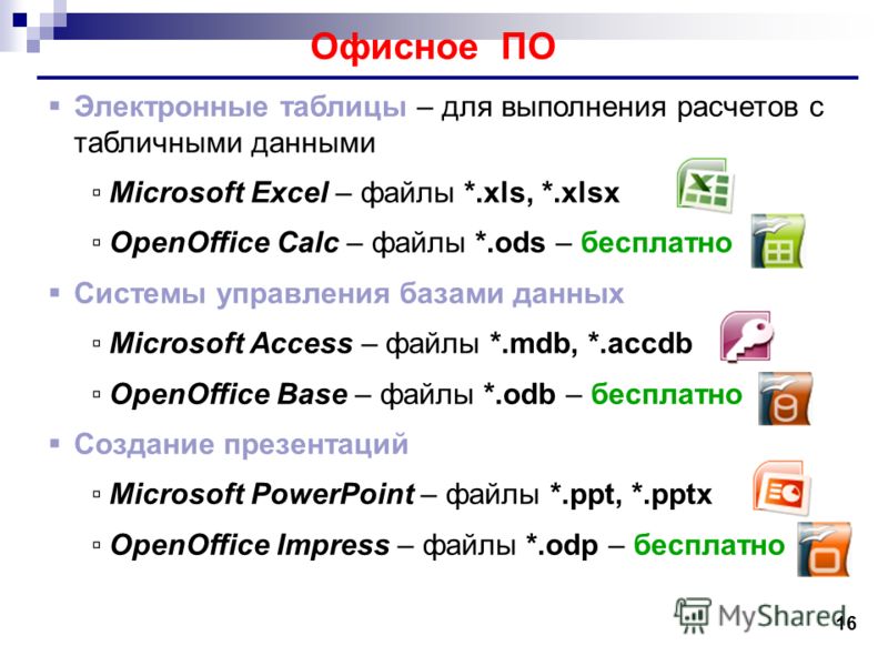 16 Офисное ПО Электронные таблицы – для выполнения расчетов с табличными данными Microsoft Excel – файлы *.xls, *.xlsx OpenOffice Calc – файлы *.ods – бесплатно Системы управления базами данных Microsoft Access – файлы *.mdb, *.accdb OpenOffice Base 
