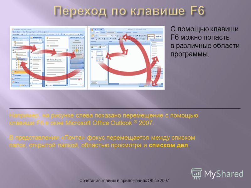 Сочетания клавиш в приложениях Office 2007 С помощью клавиши F6 можно попасть в различные области программы. Например, на рисунке слева показано перемещение с помощью клавиши F6 в окне Microsoft Office Outlook ® 2007. В представлении «Почта» фокус пе