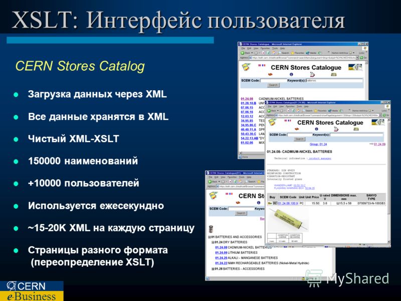 CERN e – Business XSLT: Интерфейс пользователя CERN Stores Catalog Загрузка данных через XML Все данные хранятся в XML Чистый XML-XSLT 150000 наименований +10000 пользователей Используется ежесекундно ~15-20K XML на каждую страницу Страницы разного ф