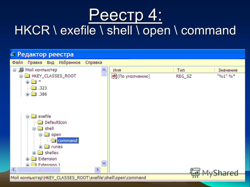 Реестр 4: HKCR \ exefile \ shell \ open \ command