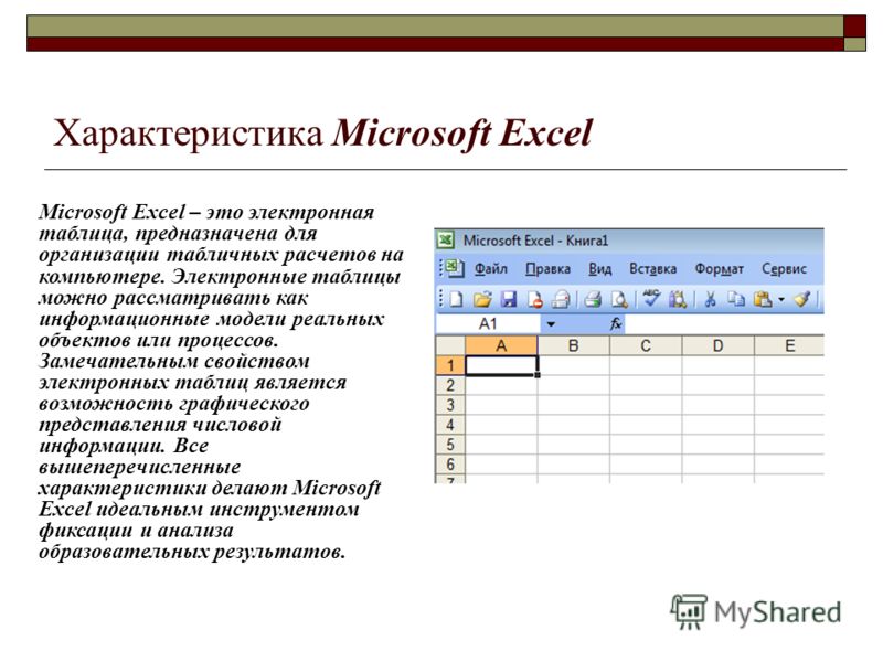 Характеристика Microsoft Excel Microsoft Excel – это электронная таблица, предназначена для организации табличных расчетов на компьютере. Электронные таблицы можно рассматривать как информационные модели реальных объектов или процессов. Замечательным