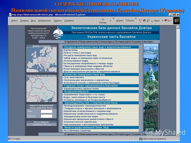 СОДЕРЖАТЕЛЬНОЕ НАПОЛНЕНИЕ Национальной экологической базы данных бассейна Днепра (Украина) Национальной экологической базы данных бассейна Днепра (Украина)