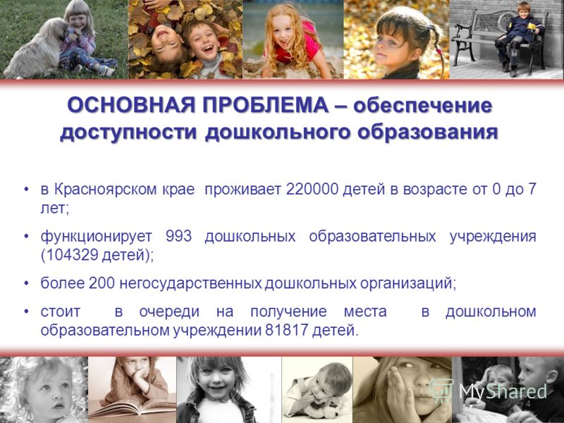 4 ОСНОВНАЯ ПРОБЛЕМА – обеспечение доступности дошкольного образования в Красноярском крае проживает 220000 детей в возрасте от 0 до 7 лет; функционирует 993 дошкольных образовательных учреждения (104329 детей); более 200 негосударственных дошкольных 