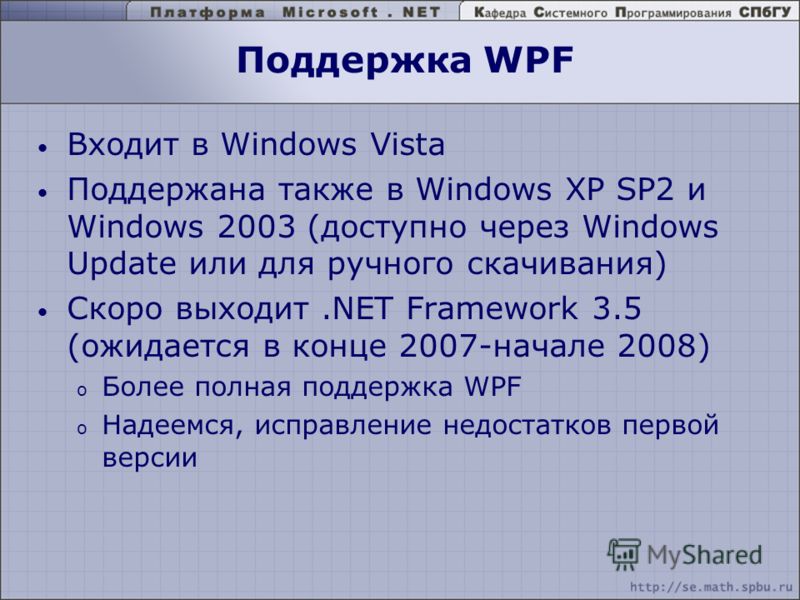 Поддержка WPF Входит в Windows Vista Поддержана также в Windows XP SP2 и Windows 2003 (доступно через Windows Update или для ручного скачивания) Скоро выходит.NET Framework 3.5 (ожидается в конце 2007-начале 2008) o Более полная поддержка WPF o Надее