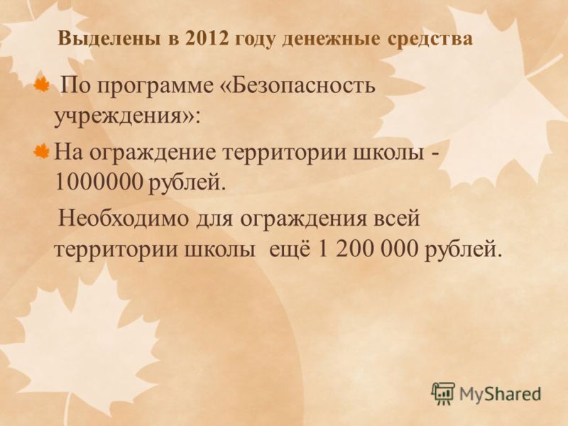 По программе «Безопасность учреждения»: На ограждение территории школы - 1000000 рублей. Необходимо для ограждения всей территории школы ещё 1 200 000 рублей.