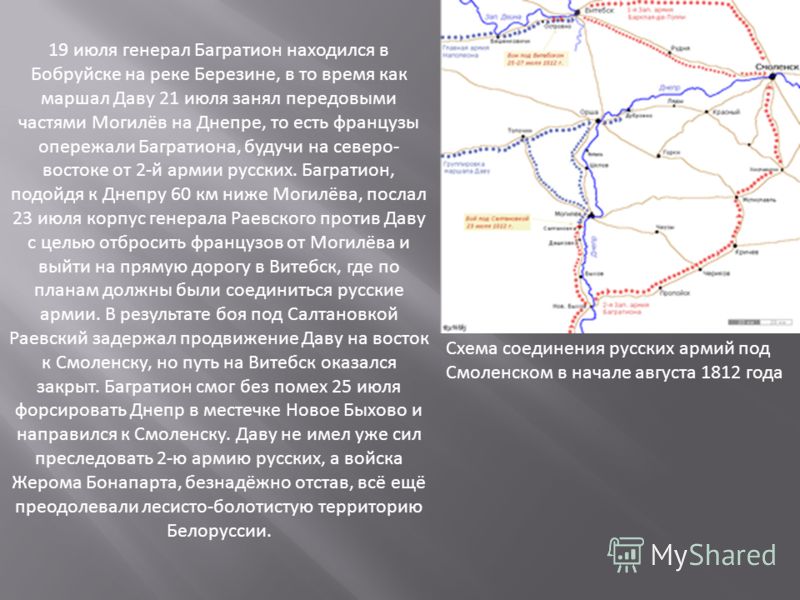 Схема соединения русских армий под Смоленском в начале августа 1812 года 19 июля генерал Багратион находился в Бобруйске на реке Березине, в то время как маршал Даву 21 июля занял передовыми частями Могилёв на Днепре, то есть французы опережали Багра