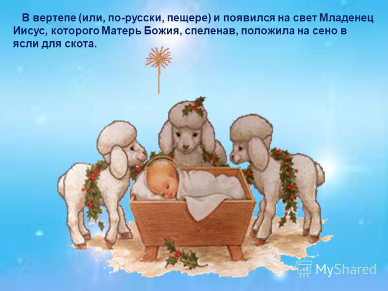 В вертепе (или, по-русски, пещере) и появился на свет Младенец Иисус, которого Матерь Божия, спеленав, положила на сено в ясли для скота.