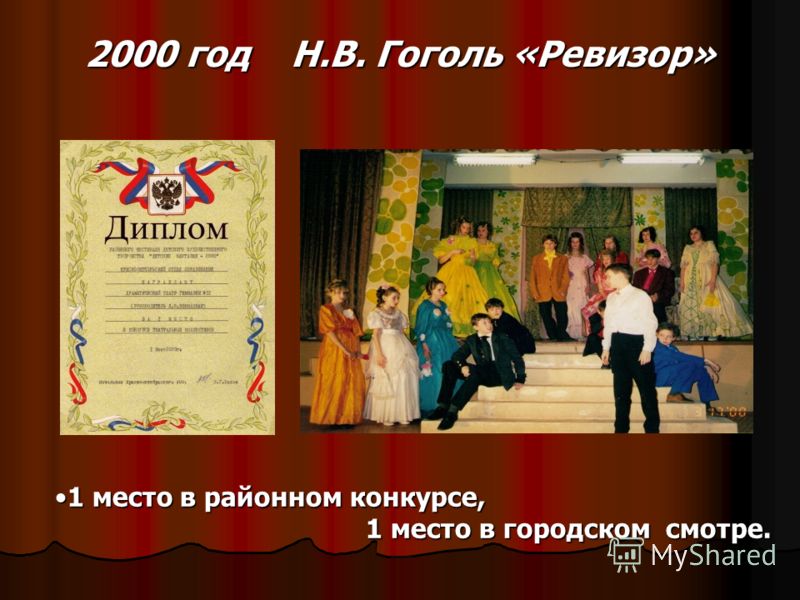 2000 год Н.В. Гоголь «Ревизор» 1 место в районном конкурсе,1 место в районном конкурсе, 1 место в городском смотре. 1 место в городском смотре.
