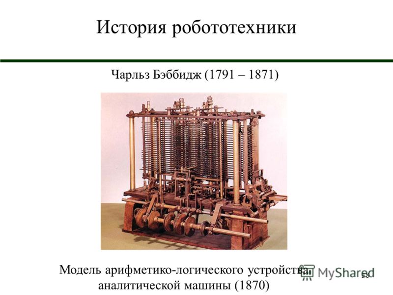 38 История робототехники Чарльз Бэббидж (1791 – 1871) Модель арифметико-логического устройства аналитической машины (1870)