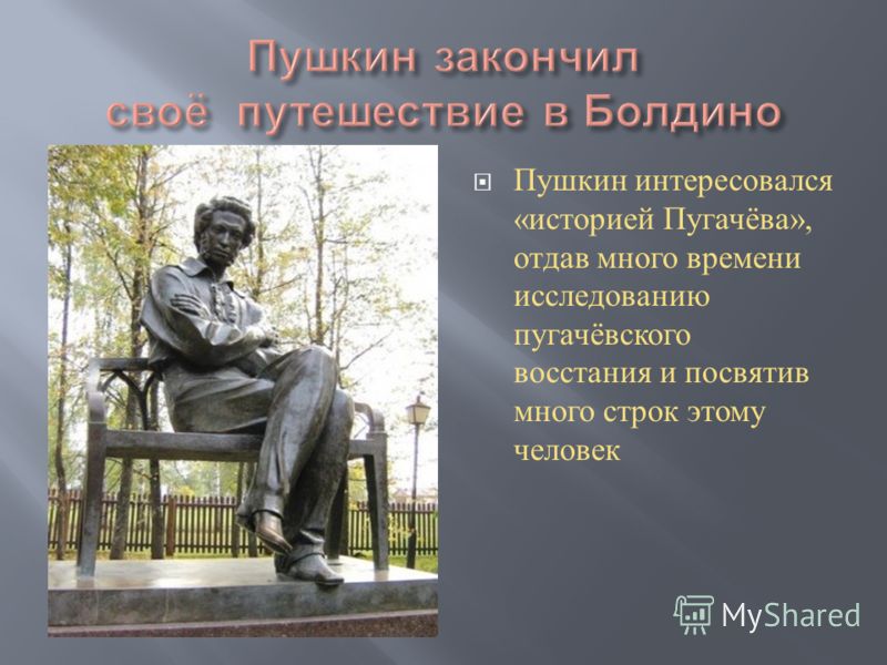 Пушкин интересовался « историей Пугачёва », отдав много времени исследованию пугачёвского восстания и посвятив много строк этому человек