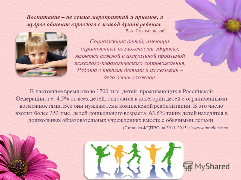 В настоящее время около 1700 тыс. детей, проживающих в Российской Федерации, т.е. 4,5% от всех детей, относятся к категории детей с ограниченными возможностями. Все они нуждаются в комплексной реабилитации. В это число входит более 353 тыс. детей дош