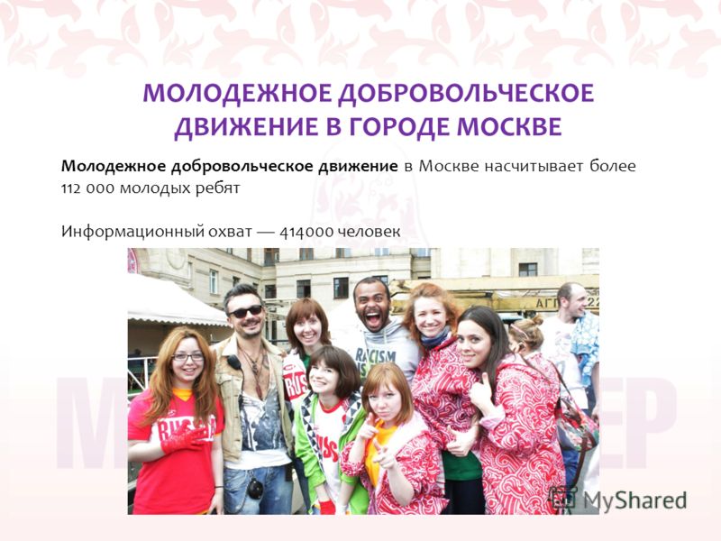 МОЛОДЕЖНОЕ ДОБРОВОЛЬЧЕСКОЕ ДВИЖЕНИЕ В ГОРОДЕ МОСКВЕ Молодежное добровольческое движение в Москве насчитывает более 112 000 молодых ребят Информационный охват 414000 человек