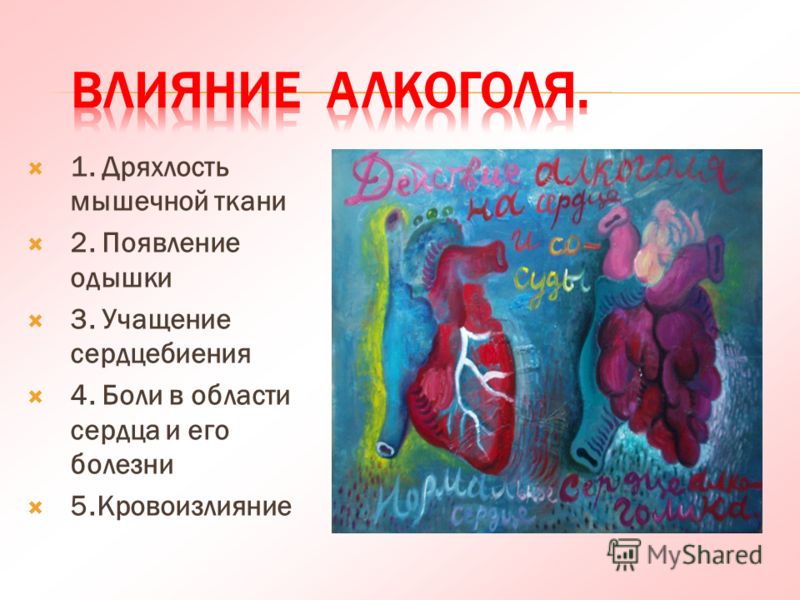 1. Дряхлость мышечной ткани 2. Появление одышки 3. Учащение сердцебиения 4. Боли в области сердца и его болезни 5.Кровоизлияние