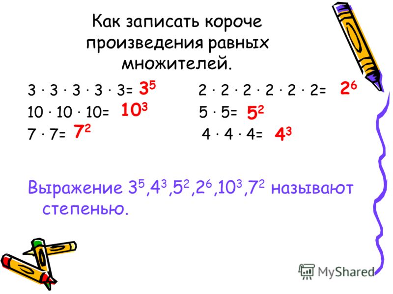 Как записать короче произведения равных множителей. 3 3 3 3 3= 2 2 2 2 2 2= 10 10 10= 5 5= 7 7= 4 4 4= Выражение 3 5,4 3,5 2,2 6,10 3,7 2 называют степенью. 3535 10 3 7272 2626 5252 4343