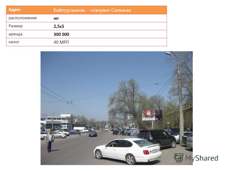 Адрес Байтурсынова – севернее Сатпаева расположение юг Размер 2,5х5 аренда 300 000 налог 40 МРП