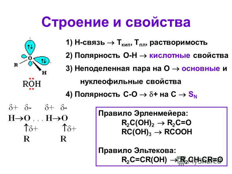 Строение и свойства 1) Н-связь Т кип, Т пл, растворимость 2) Полярность О-Н кислотные свойства 3) Неподеленная пара на О основные и нуклеофильные свойства 4) Полярность С-О + на С S N Правило Эрленмейера: R 2 C(OH) 2 R 2 C=O RC(OH) 3 RCOOH Правило Эл