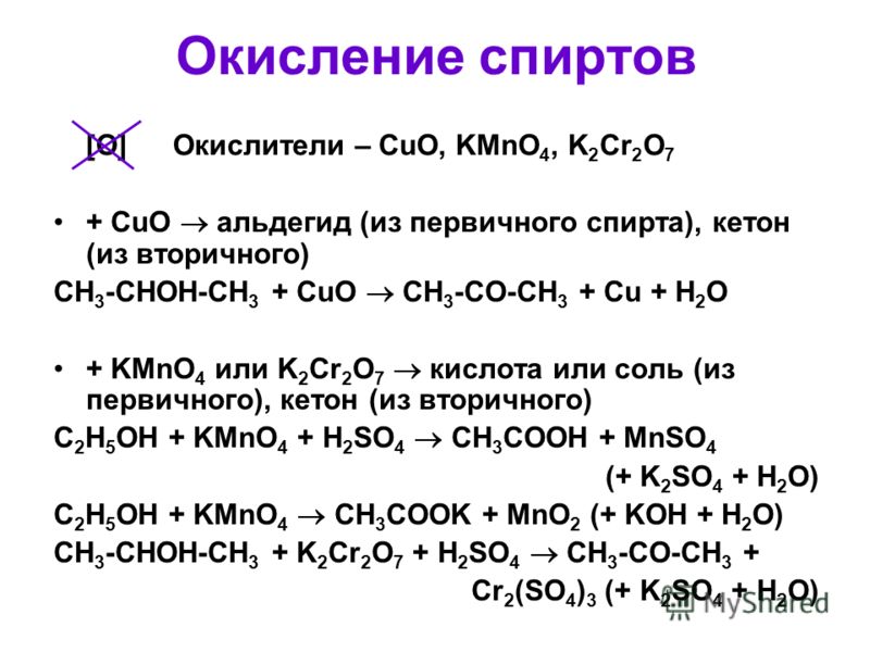 Окисление спиртов + СuO альдегид (из первичного спирта), кетон (из вторичного) CH 3 -CHOH-CH 3 + CuO CH 3 -CO-CH 3 + Cu + H 2 O + KMnO 4 или K 2 Cr 2 O 7 кислота или соль (из первичного), кетон (из вторичного) С 2 Н 5 ОН + KMnO 4 + H 2 SO 4 CH 3 COOH