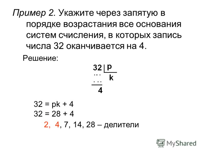 Пример 2. Укажите через запятую в порядке возрастания все основания систем счисления, в которых запись числа 32 оканчивается на 4. Решение: 32 = pk + 4 32 = 28 + 4 2, 4, 7, 14, 28 – делители