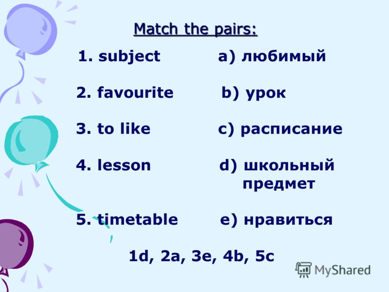 Match the pairs: 1. subject a) любимый 2. favourite b) урок 3. to like c) расписание 4. lesson d) школьный предмет 5. timetable е) нравиться 1d, 2a, 3e, 4b, 5c