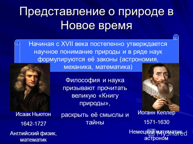 Представление о природе в Новое время Начиная с XVII века постепенно утверждается научное понимание природы и в ряде наук формулируются её законы (астрономия, механика, математика) Исаак Ньютон 1642-1727 Английский физик, математик Иоганн Кеплер 1571