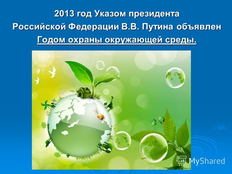 2013 год Указом президента Российской Федерации В.В. Путина объявлен Годом охраны окружающей среды.