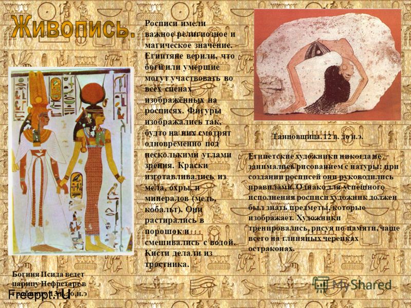 Богиня Исида ведет царицу Нефретаре в гробницу. 13 в.до.н.э Росписи имели важное религиозное и магическое значение. Египтяне верили, что боги или умершие могут участвовать во всех сценах изображённых на росписях. Фигуры изображались так, будто на них