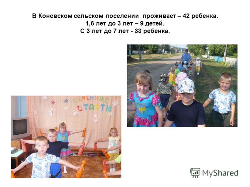 В Коневском сельском поселении проживает – 42 ребенка. 1,6 лет до 3 лет – 9 детей. С 3 лет до 7 лет - 33 ребенка.