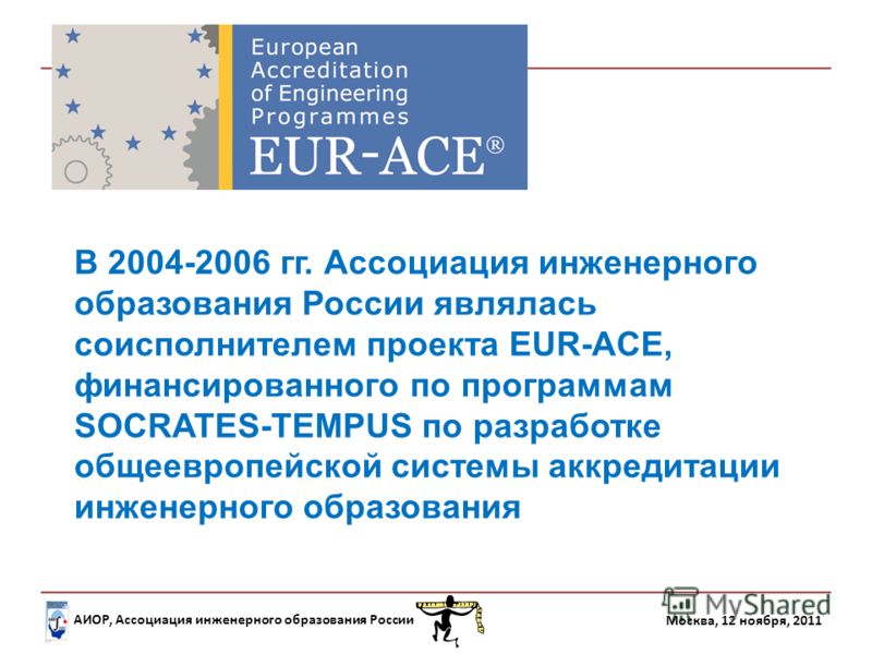 АИОР, Ассоциация инженерного образования России Москва, 12 ноября, 2011 В 2004-2006 гг. Ассоциация инженерного образования России являлась соисполнителем проекта EUR-ACE, финансированного по программам SOCRATES-TEMPUS по разработке общеевропейской си