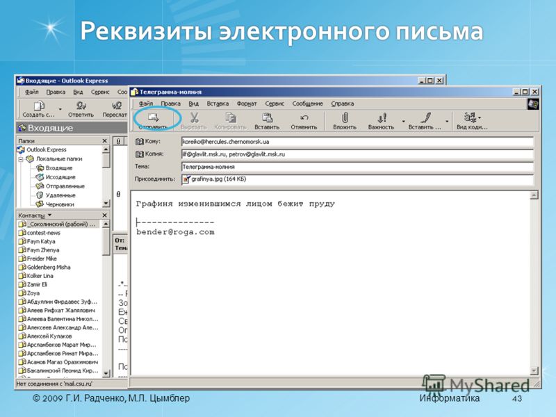 © 2009 Г. И. Радченко, М. Л. ЦымблерИнформатика 43 Реквизиты электронного письма