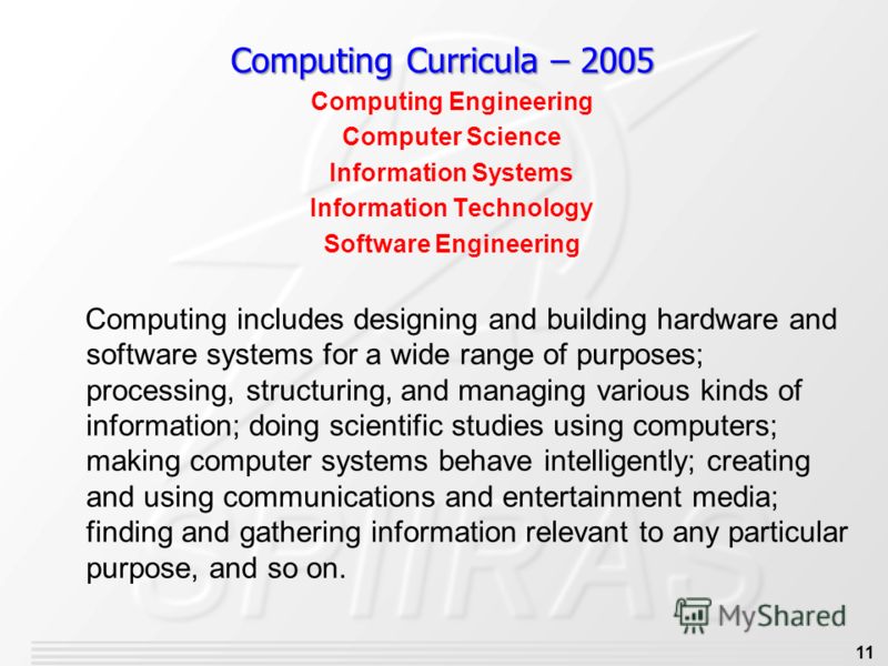 11 Computing Engineering Computer Science Information Systems Information Technology Software Engineering Computing includes designing and building hardware and software systems for a wide range of purposes; processing, structuring, and managing vari