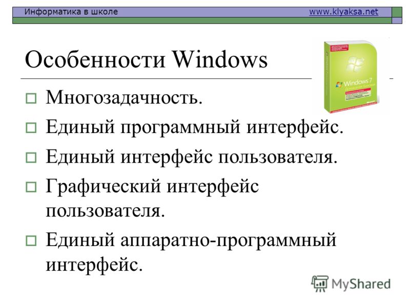 Информатика в школе www.klyaksa.netwww.klyaksa.net Особенности Windows Многозадачность. Единый программный интерфейс. Единый интерфейс пользователя. Графический интерфейс пользователя. Единый аппаратно-программный интерфейс.