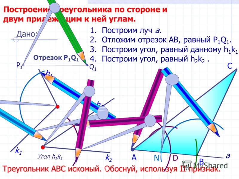 D С Построение треугольника по стороне и двум прилежащим к ней углам. Угол h 1 k 1 h2h2 1.Построим луч а. 2.Отложим отрезок АВ, равный P 1 Q 1. 3.Построим угол, равный данному h 1 k 1. 4.Построим угол, равный h 2 k 2. В А Треугольник АВС искомый. Обо