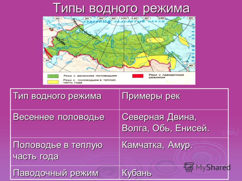 Типы водного режима Тип водного режима Примеры рек Весеннее половодье Северная Двина, Волга, Обь, Енисей. Половодье в теплую часть года Камчатка, Амур. Паводочный режим Кубань