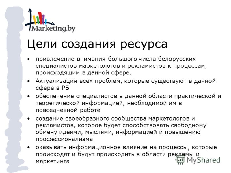 Цели создания ресурса привлечение внимания большого числа белорусских специалистов маркетологов и рекламистов к процессам, происходящим в данной сфере. Актуализация всех проблем, которые существуют в данной сфере в РБ обеспечение специалистов в данно