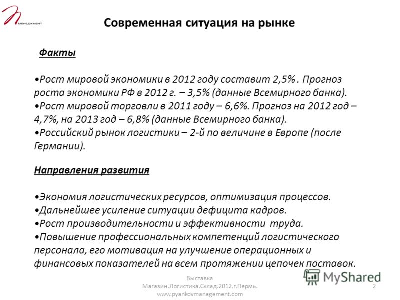 Современная ситуация на рынке Факты Рост мировой экономики в 2012 году составит 2,5%. Прогноз роста экономики РФ в 2012 г. – 3,5% (данные Всемирного банка). Рост мировой торговли в 2011 году – 6,6%. Прогноз на 2012 год – 4,7%, на 2013 год – 6,8% (дан