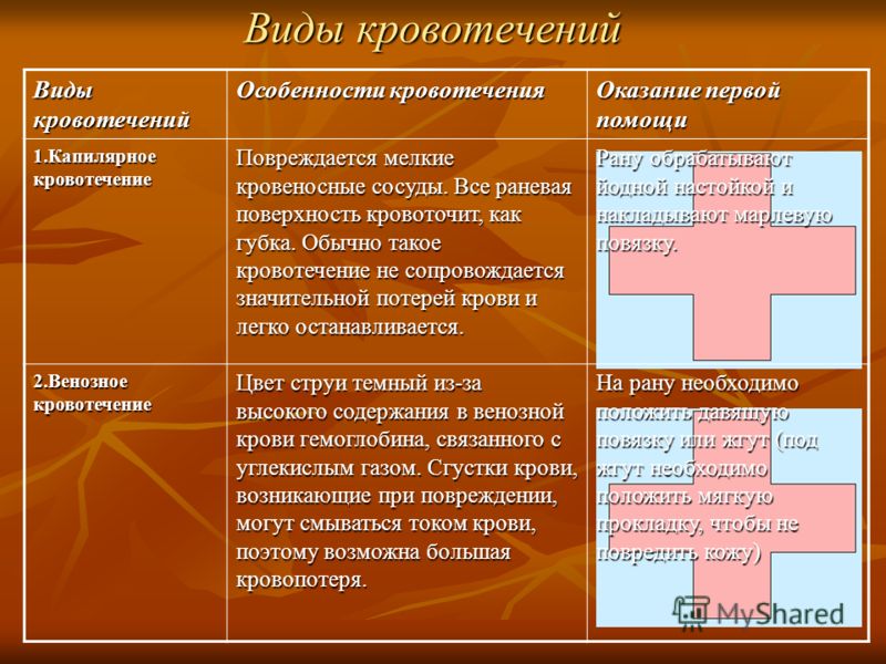 Таблица вид кровотечения характеристика первая помощь