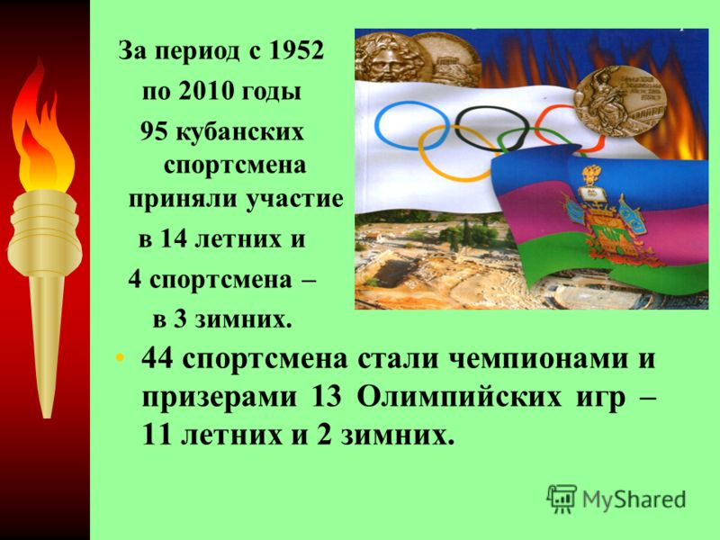 44 спортсмена стали чемпионами и призерами 13 Олимпийских игр – 11 летних и 2 зимних. За период с 1952 по 2010 годы 95 кубанских спортсмена приняли участие в 14 летних и 4 спортсмена – в 3 зимних.
