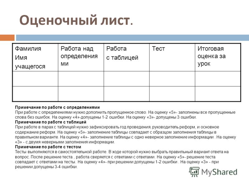 оценочный лист воспитателя образец