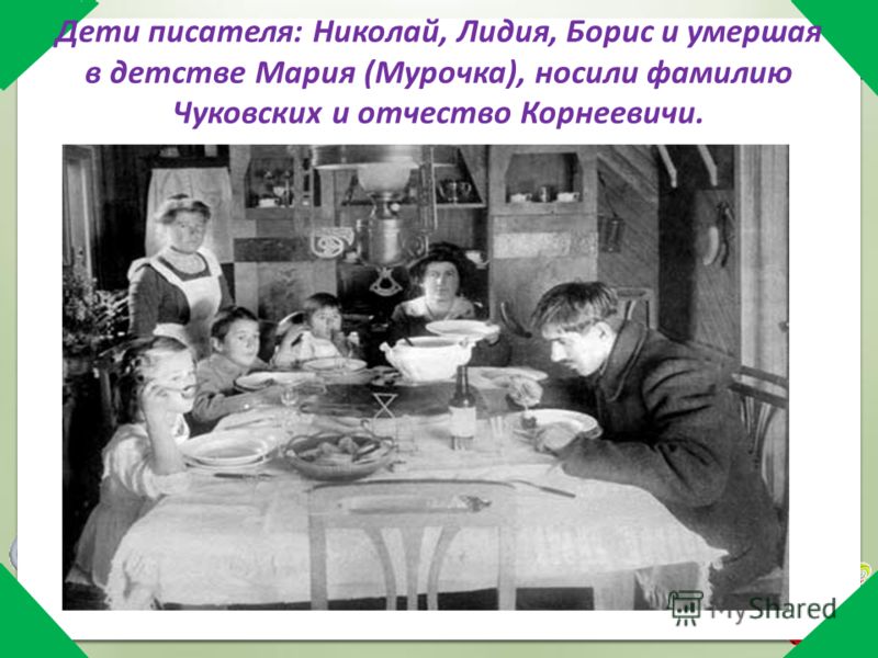 Дети писателя: Николай, Лидия, Борис и умершая в детстве Мария (Мурочка), носили фамилию Чуковских и отчество Корнеевичи.