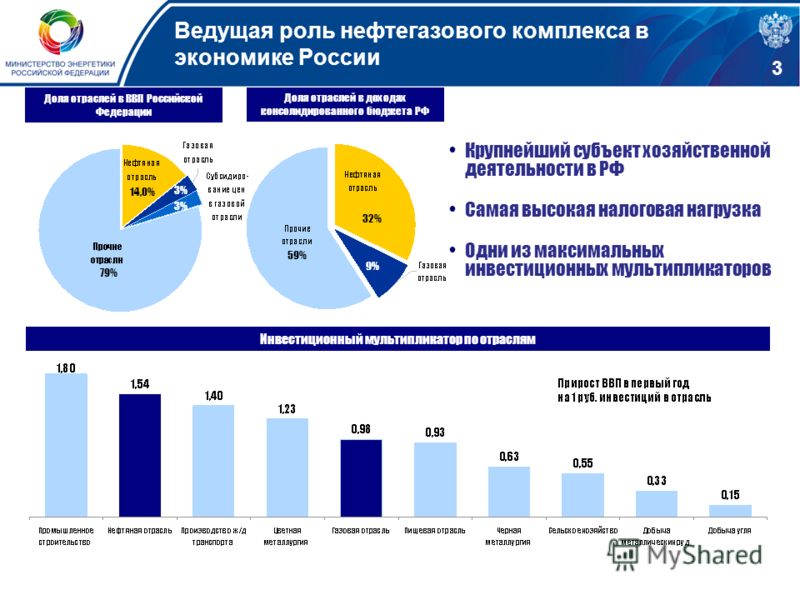 Ведущая роль нефтегазового комплекса в экономике России Инвестиционный мультипликатор по отраслям Крупнейший субъект хозяйственной деятельности в РФ Самая высокая налоговая нагрузка Одни из максимальных инвестиционных мультипликаторов 32% 14,0% Доля 