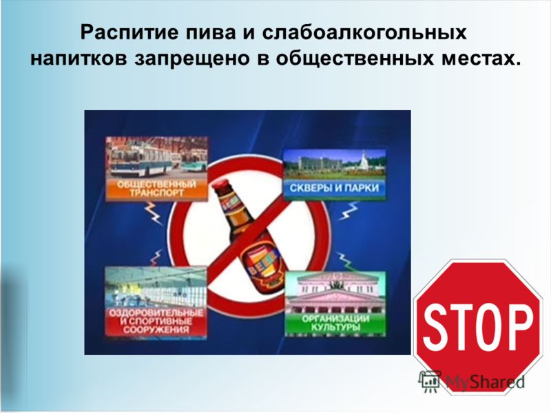 Распитие пива и слабоалкогольных напитков запрещено в общественных местах.