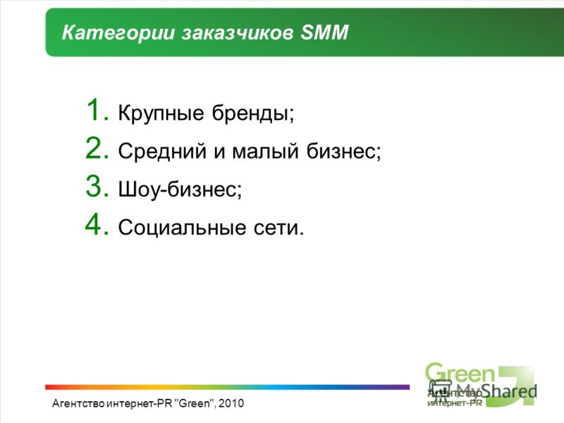 Агентство интернет-PR Green, 2010 Категории заказчиков SMM 1. Крупные бренды; 2. Средний и малый бизнес; 3. Шоу-бизнес; 4. Социальные сети.