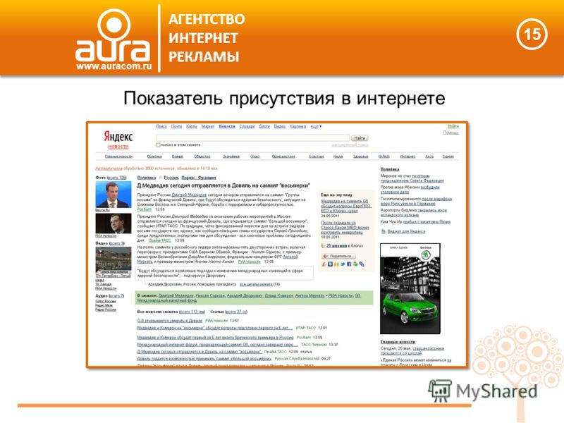 15 АГЕНТСТВО ИНТЕРНЕТ РЕКЛАМЫ www.auracom.ru Показатель присутствия в интернете