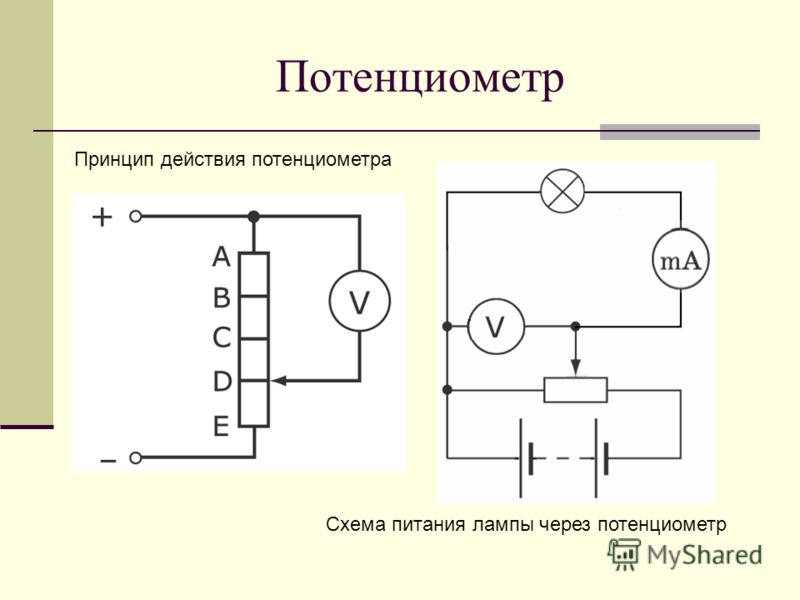 Потенциометр Принцип действия потенциометра Схема питания лампы через потенциометр