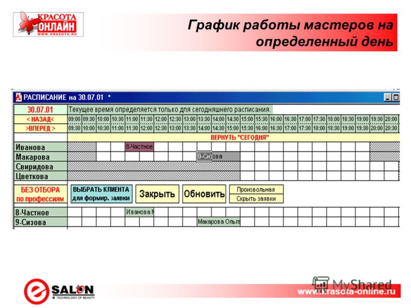 График работы мастеров на определенный день www.krasota-online.ru