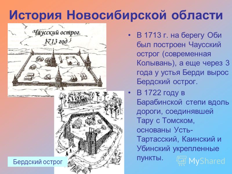 История Новосибирской области В 1713 г. на берегу Оби был построен Чаусский острог (современная Колывань), а еще через 3 года у устья Берди вырос Бердский острог. В 1722 году в Барабинской степи вдоль дороги, соединявшей Тару с Томском, основаны Усть